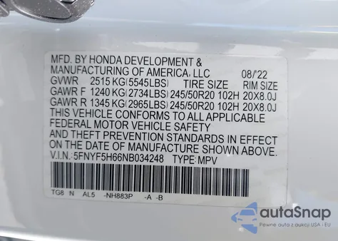 2022 Honda Pilot 2Wd Touring 7 Passenger from USA, damaged, VIN 5FNYF5H66NB034248